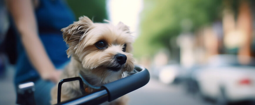 Close up of Shih tzu dog in a bicycle basket with the city in the background. Photo-style image created with generative AI