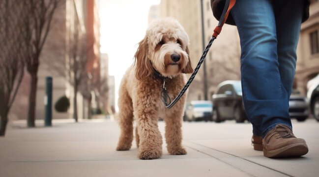 Cute poodle walking on a leash in the city. Photographic style image created with generative artificial intelligence.