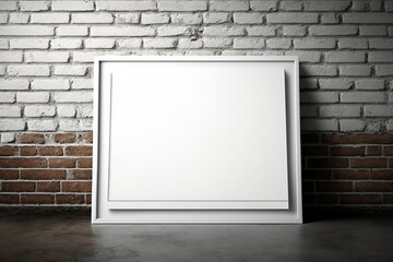 Template for design art work, poster or picture. White frame on a brick wall in an empty room. AI generated