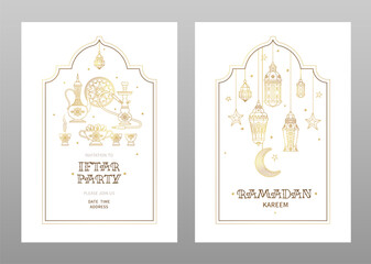 Vector Ramadan Kareem card and Iftar party invitation. Gold cards with lanterns, arabic coffee mug, stars, arch. Ramadan wishing. Arabic lamps.