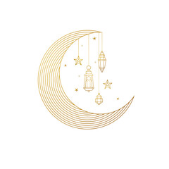 Vector Ramadan Kareem card. Golden vintage banner with gold crescent and lanterns for Ramadan wishing. Arabic illustration. Islamic background.