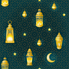 Vector golden seamless pattern with arabic lamps, crescent, staGold geometric ornament, shining lanterns. Luxury wallpaper in Eastern style. Decoration for background for Muslim feast. Islamic motifs.