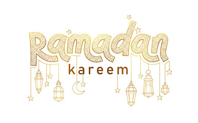 Vector Ramadan Kareem card. Vintage gold banner with lettering, stars, lanterns for Ramadan wishing. Arabic lamps. Islamic background.  Illustration.