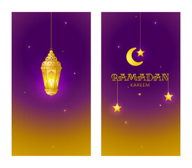 Obraz na płótnie Canvas Vector Ramadan Kareem cards. Golden vintage banners with gold crescent, lantern and stars for Ramadan wishing. Arabic illustration. Islamic background