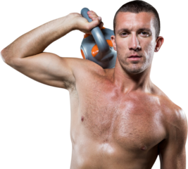 Confident male crossfitter holding kettlebell