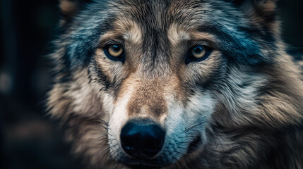 wolf portrait. A closeup of a wolf with yellow eyes. Generated AI