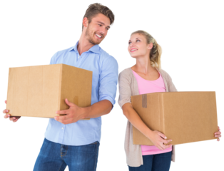 Attractive young couple carrying moving boxes