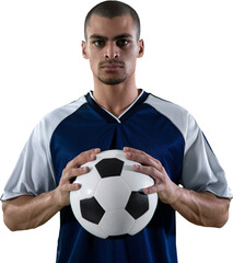 Portrait of confident football player holding ball