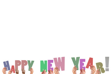 Colorful alphabet spelling happy new year held up by people 
