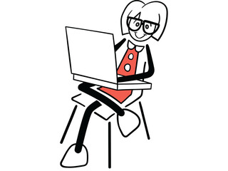 Fototapeta na wymiar Female cartoon sitting on chair using laptop