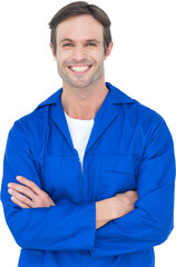 Happy mechanic with arms crossed over white background