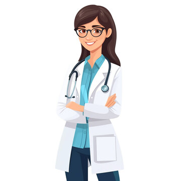 2D illustration of a doctor working in a standing position. The doctor wears a white coat and hangs a stethoscope around his neck.

