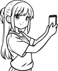 Cute girl takes pictures on a smartphone. Anime girl smiling, vector coloring for children
