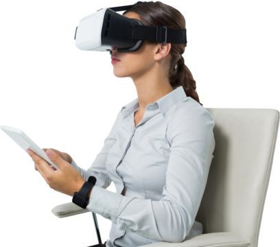 Female executive using virtual reality headset