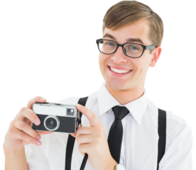 Geeky hipster holding a retro camera