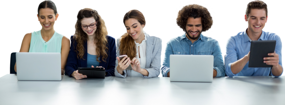 Colleagues using technology while sitting at table against white background
