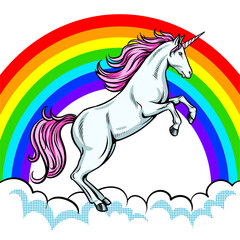 Fototapeta na wymiar Fairy animal unicorn and rainbow pop art PNG illustration with transparent background