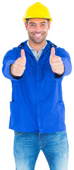 Portrait of happy manual worker gesturing thumbs up