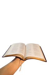 Hand holding bible against white background