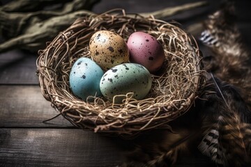 Naklejka na ściany i meble birds nest with eggs resting on a wooden table. Generative AI