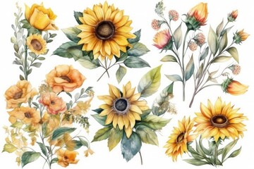 colorful bouquet of sunflowers and various other flowers in a watercolor painting. Generative AI