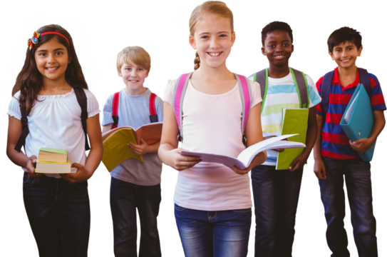 Smiling little school kids in school corridor