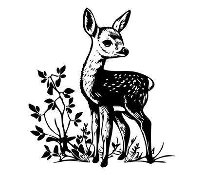 illustration of young deer, Baby deer icon Black and white