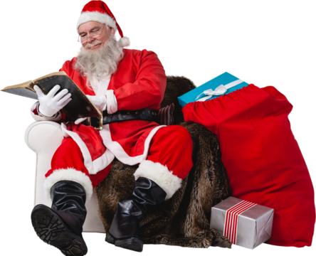 Santa reading bible with sack of Christmas present beside him - Powered by Adobe