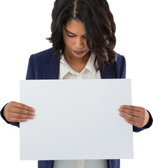 Naklejka premium Young businesswoman holding placard