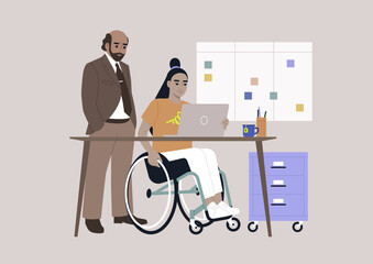 Inclusive workspace environment, A senior manager supervising an intern in the office