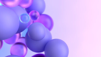 Purple spheres, abstract background with baloons. 3d render illustration