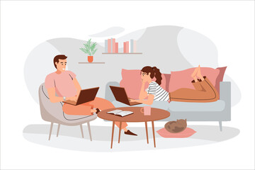 Working at home orange concept with people scene in the flat cartoon style. Young couple work at home and earn money from it.