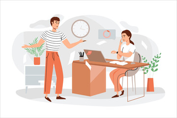 Deadline orange concept with people scene in the flat cartoon design. Manager requires the employee to quickly complete tasks.