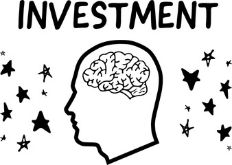 Graphic image of human head with brain amidst star shapes below investment text