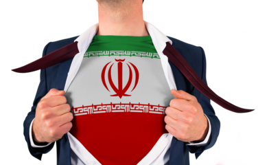 Businessman opening shirt to reveal iran flag