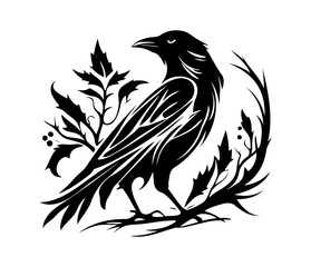 Black birds Raven, crow, rook or jackdaw. Vector illustration in retro style.