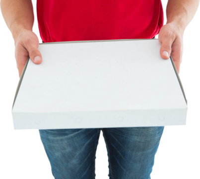 Delivery man holding pizza box