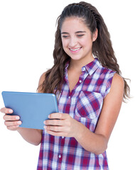 Fototapeta premium Happy pretty brunette using tablet computer 