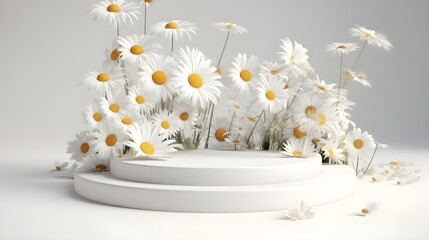 3D Podium Display with Levitating Daisy Field Flowers on White Background for Cosmetics Yellow Showcase Pedestal in Trendy Abstract Style