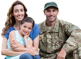 Portrait of smiling army man with family
