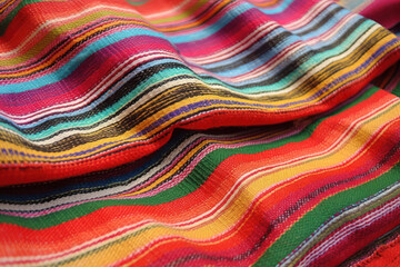 Mexican blanket, bright color stripe pattern, ethnic fabric, Cinco de Mayo decoration. Colorful fabric background. Generative AI