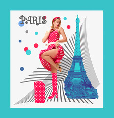 Beautiful young girl in attractive dress travelling to Paris. Famous french landmark of towel on background. Contemporary art collage. Travell and architecture concept. Design for postcard