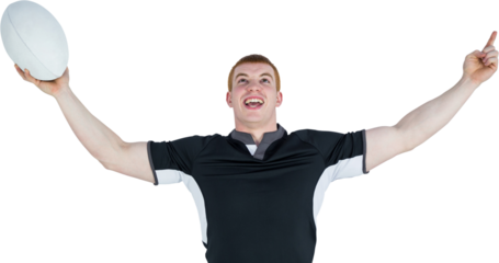 A rugby player gesturing victory