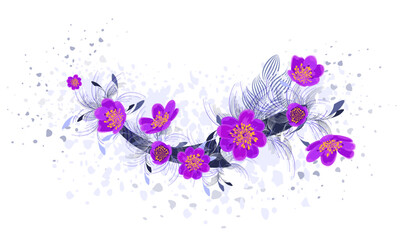 Floral abstract object with purple flowers. Vector illustration