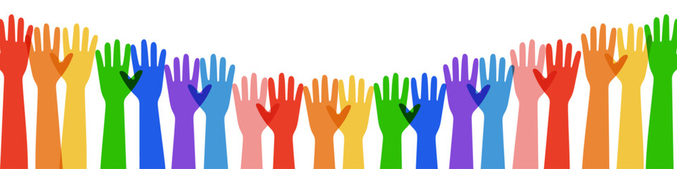 Abstract men and women raised arms with heart in hand. Diverse people, racial equality. Support, assistance, charity donation and volunteer work.