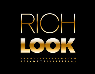 Vector elegant Sign Rich Look with Golden Font. Artistic Alphabet Letters and Numbers
