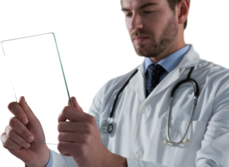 Male doctor using glass digital tablet