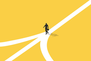 Confusing businessman looking at multiple road and thinking which way to go. Business decision making, career path, work direction or choose the right way to success concept