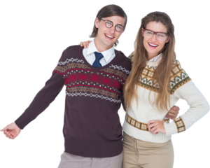 Happy geeky hipster couple embracing