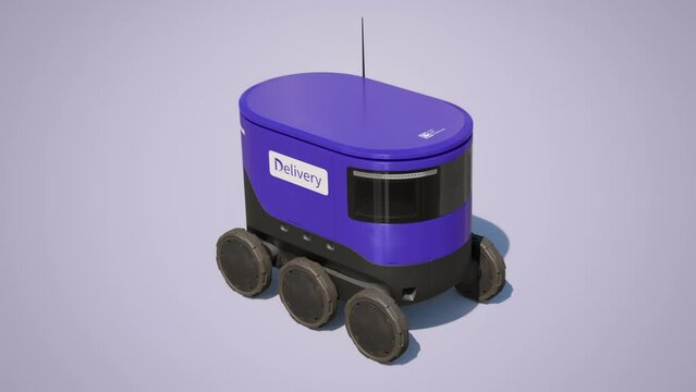 Delivery Robot is moving. Automatic Smart Droid delivers goods, food, document to customer. Autonomous delivery from restaurants or online stores. Automated delivery service. Modern technologies 4k